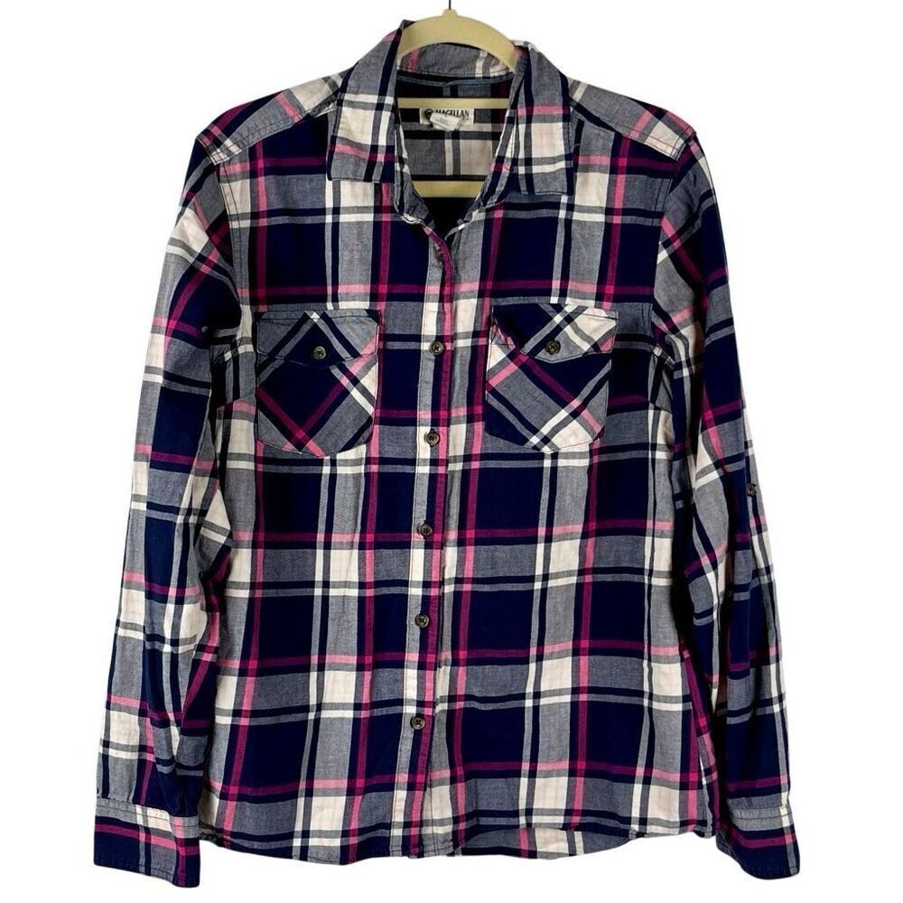 Magellan Shirt Plaid Roll Tab Sleeve Button Down Large